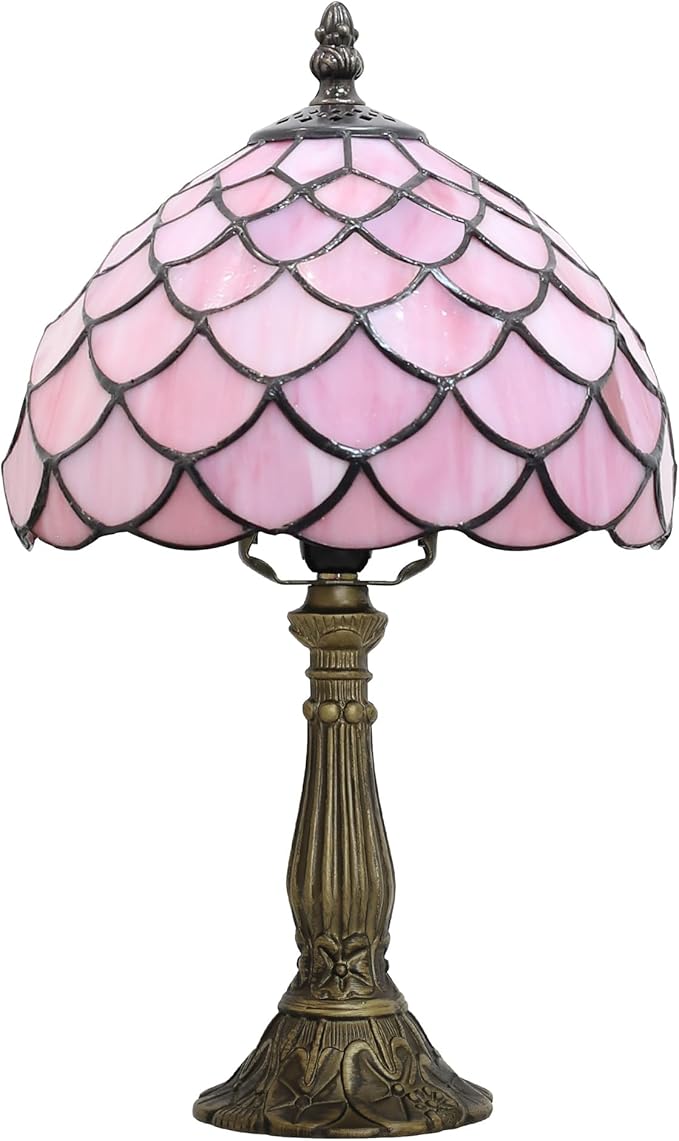Tiffany Small Table Lamp for Bedroom Bedside Nightstand Table Lamps for Living Room 3 Way Color Temperatures Stained Glass Table Lamp 8X8X15 Inch Home Office Reading Desk Lamp (pink fish scales)