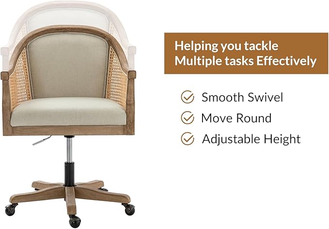 TINA'S HOME Rattan Desk Chair, Upholstered Home Office Chair with Armrest, Adjustable Swivel Rolling Height Computer Task Chair for Living Room Bedroom Study Room, Linen