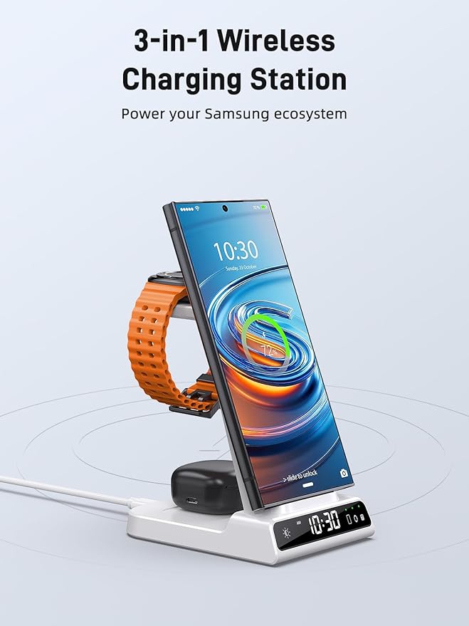 Wireless Charger for Samsung Charging Station, 3 in 1 Android Phone Charger for Samsung Galaxy S25 Ultra/S24 Ultra/S23/Z Fold7/Flip7, Galaxy Watch 8/8 Classic/Ultra/7/6/5, Galaxy Buds 3 Pro/3(White)