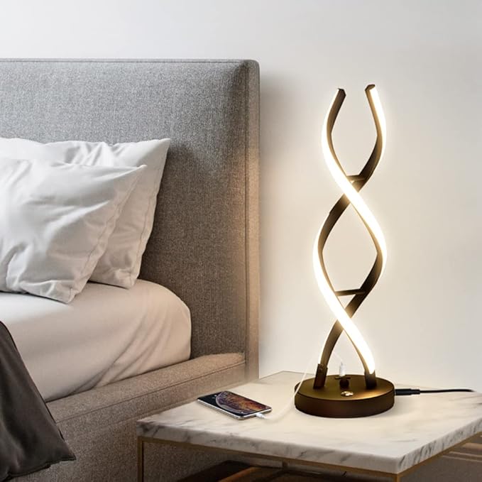 LED Modern Table Lamp, Stepless Dimmable Spiral Table Lamps for Bedroom, 3 Colors Touch Control Bedside Nightstand Lamp with 1 USB Charging Ports, Desk Lamps for Living Room Office (Black)