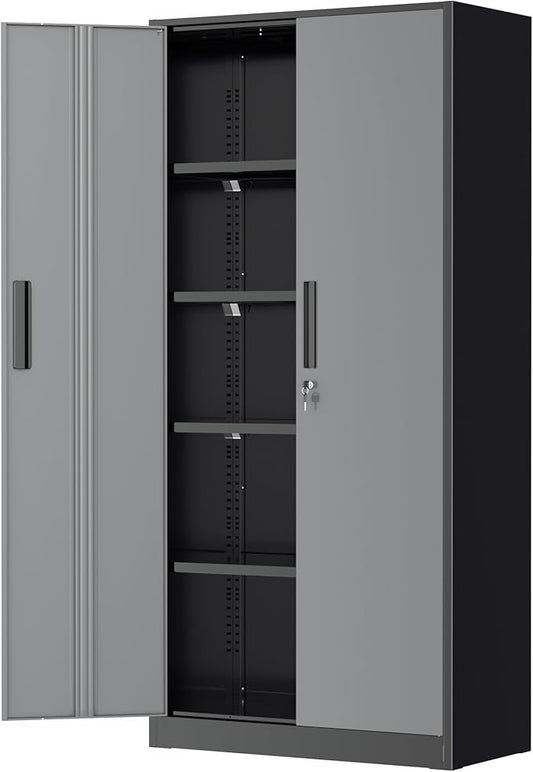Greenvelly Metal Storage Cabinet, Locking Steel Garage Cabinets with Doors and Adjustable Shelves, Metal Tool Cabinets for Garage,Home Office,School (Black Grey)