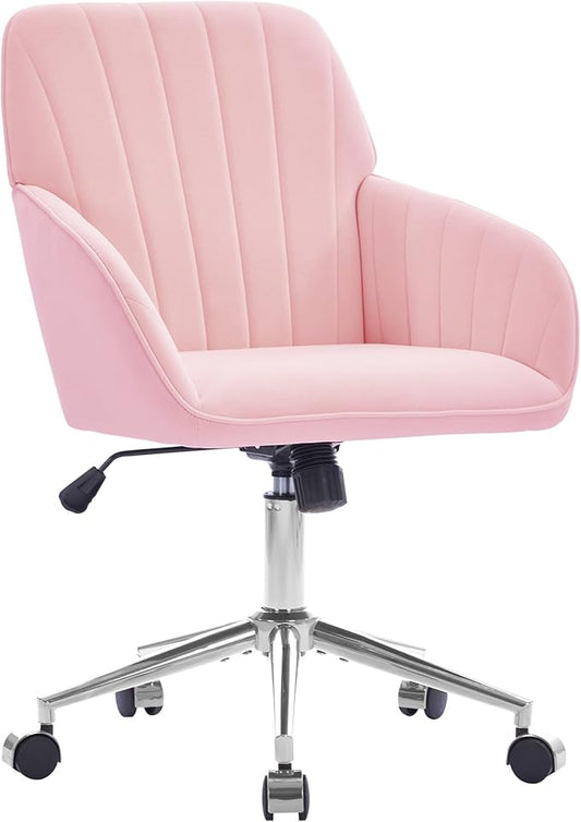 YISHENG Velvet Office Desk Chair with Silver Base, with Wheels,Modern Height Adjustable 360 Degree Swivel Upholstered Vanity Chairs with Arms for Living Room Bedroom,Pink