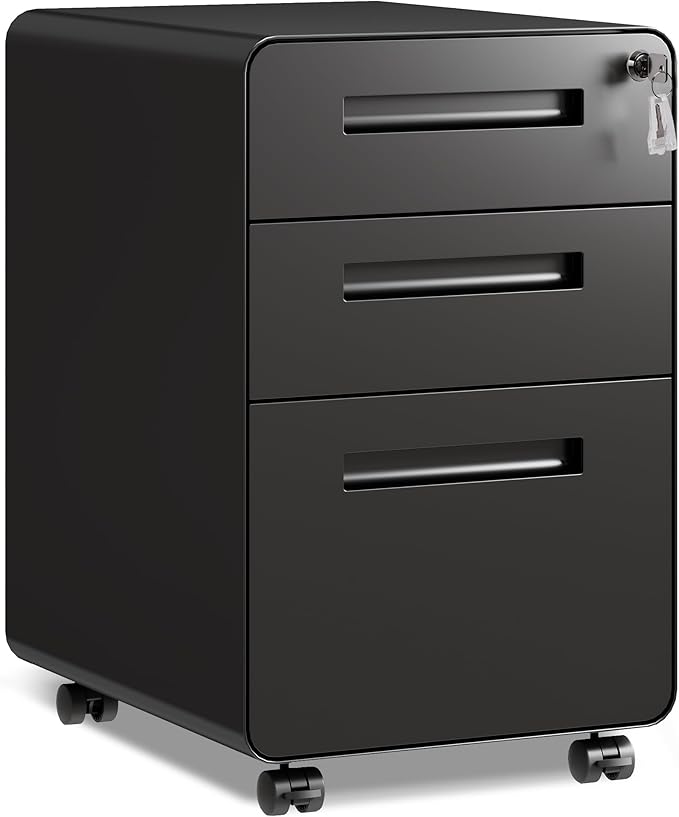 DEVAISE 3-Drawer File Cabinet, Thickened Metal Mobile Filing Cabinet with Lock, Under Desk Cabinet for Home Office, fits A4/Letter/Legal Size, Fully Assembled, 20" D x 15.8" W x 25" H, Black