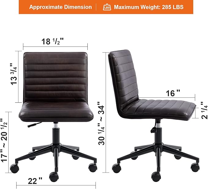 Furnimart Modern Armless Office Desk Task Chair - Upholstered Mid-Back Home Office Chair with 360 Degree Swivel and Adjustable Height - Leather (Black/Brown)