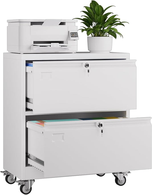 METAN Upgrade 2 Drawers Lateral File Cabinet on Wheels,Steel Office Filing Storage Cabinet with 2 Locks,White,Assembly Required