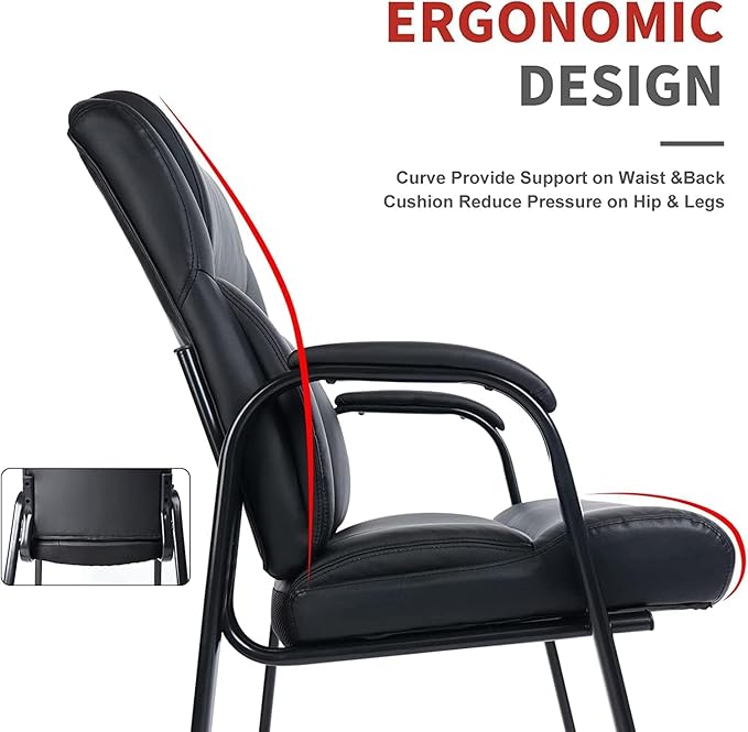 CLATINA Big Tall 500 LBS Wide Guest Chair Heavy Duty, Leather Side Reception Chairs with Sled Base and Armrest, Executive Office Desk Chair No Wheels for Meeting Conference Waiting Room Home, 2 Pack