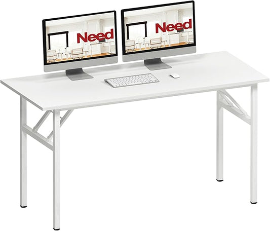 Need Office Computer Desk - 54.3L Sturdy and Heavy Duty Folding Laptop Table,Writing Table/Home Office Desk/Sewing Table,No Assembly Required (White & White Frame)