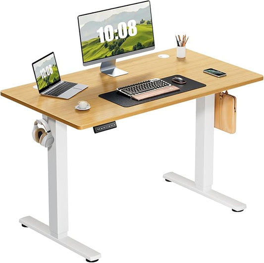 Sweetcrispy Electric Adjustable Height Standing Desk - 40 x 24 inch Sit to Stand Up Desk with Splice Board, Rising Home Office Computer Table with 2 Hook and Wire Hole for Work