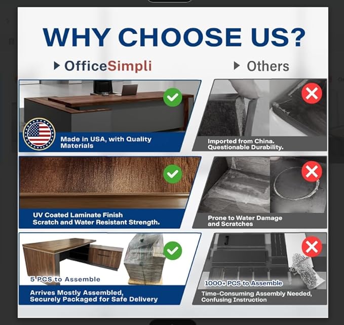 OfficeSimpli L Shaped Executive Desk with Drawers - 64x63x30 Inch - Made in USA - Ship Mostly Assembled - Home Office Workstation, Business Furniture, CEO Desk Table with Lockable Storage - Walnut