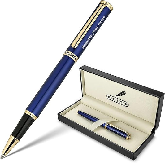 BEILUNER Blue Personalized Pen,Stunning Luxury Lacquer With 24K Gold,Schneider Ink Refills,Multiple Fonts To Custom Rollerball,Gift Pen For Men & Women,Executive,Graduation,Christmas,Nice Fancy Pens