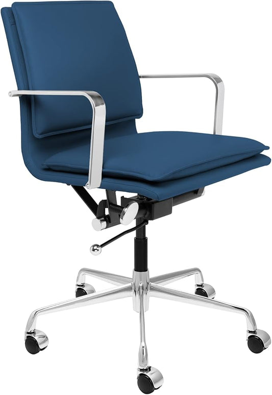Laura Davidson Furniture Lexi II Padded Office Chair - Mid Back Desk Chair with Arm Rest, Swivel & Cushion Availability, Made of Faux Leather, Blue, Computer Chair