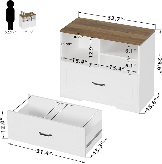 LVB Wood Lateral File Cabinet with Drawer, Wide Filing Cabinet for Letter/Legal/A4/F4 Size, Farmhouse Office Storage File Cabinet Printer Stand with Open Shelf in Home, 32.7 Inch, White and Rustic Oak