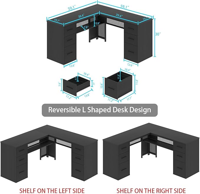 HSH Black L Shaped Desk with File Drawers Shelves, Reversible Corner Metal Wood Computer Desk with Storage Cabinet, Modern Large Executive Work Writing Study Table for Home Office Bedroom, 59 Inch