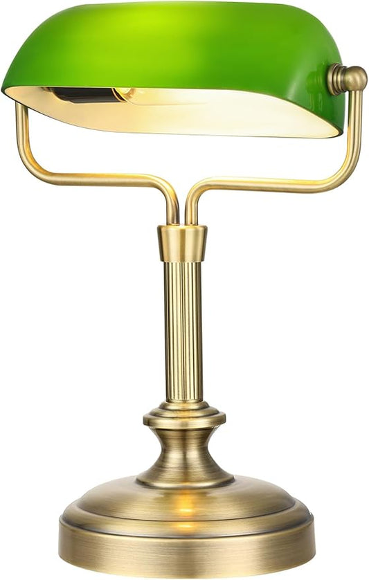 Traditional Banker's Desk Lamp with Glass Shade,Pull Chain Switch, LED Bulb Included (Antique Brass+Green+Touch)