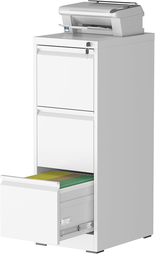 3 Drawer Vertical File Cabinet with Lock, Metal Filing Cabinets for Home Office, Heavy Duty File Storage Cabinet for Legal/Letter/A4 Documents, Easy to Assemble, White