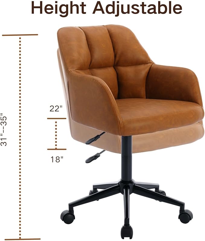 Brown Home Office Chair with Wheels, Adjustable Computer Chair Swivel Desk Chair with Mid Back, Upholstered Task Chair for Bedroom, Office, Small Spaces, Brown