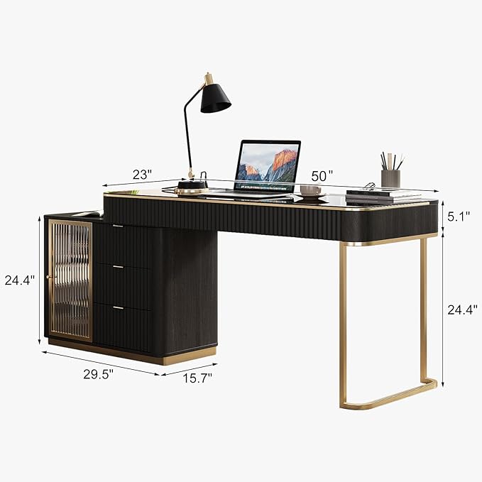 Lartis Office Desk, Very Easy to Assemble, Computer Desk, Home Telescopic Writing Desk, Modern Computer Desk with Retractable Cabinet Built-in LED Lights (Black Brown, 50 in)