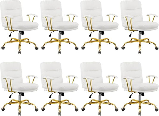 Leather Home Office Desk Chair, Mid-Back Vanity Chair Make Up Chair with Gold Wheels and Armrests, Rolling Swivel Computer Task Chair for Office Bedroom Living Room Girls Women, White, 8 Pack