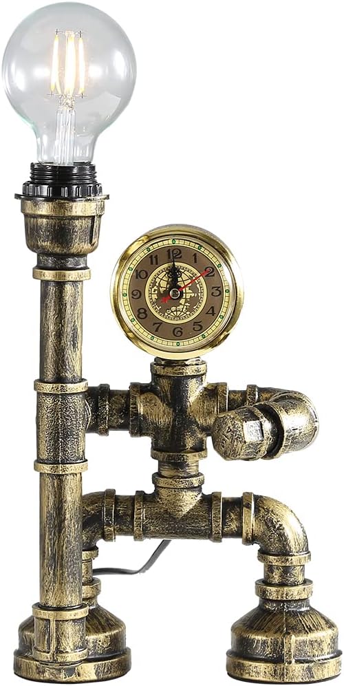 Water Pipe Table Lamp Robot Style- Retro Industrial Table Light- Antique Steampunk Metal Desk Lamp Bedside Lighting Fixture for Office, Reading Kids Room, Cafe Bar (Bronze-Style E)