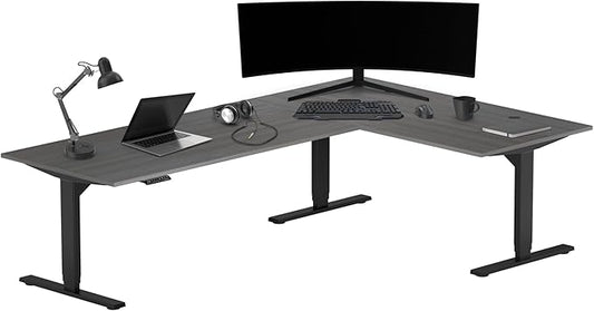 Progressive Desk Stand Up Height Adjustable Standing Desk - L Shaped 83" x 55" Corner Computer Rising Workstation Electric Table - Gray Oak, Black Frame