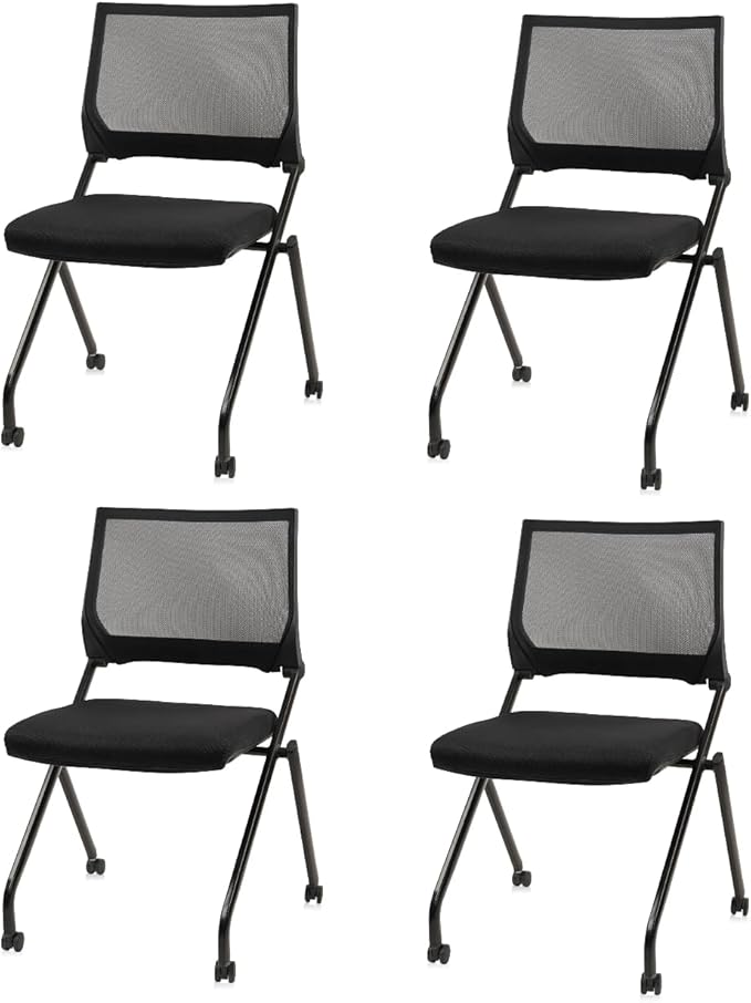 CLATINA Stackable & Foldable Waiting Room Chairs, Conference Room Chairs with Wheels & Lumbar Support, Ergonomic Mesh Bouncing Back Folding Chair for Office Meeting Schools Training, Black, 4PK