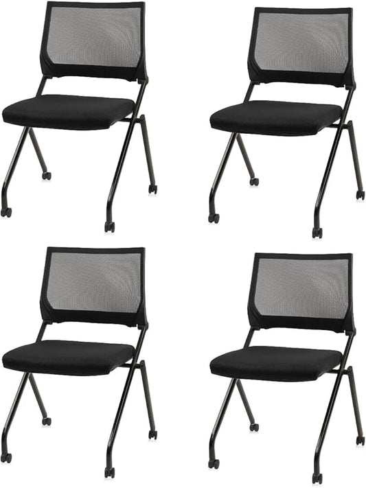 CLATINA Stackable & Foldable Waiting Room Chairs, Conference Room Chairs with Wheels & Lumbar Support, Ergonomic Mesh Bouncing Back Folding Chair for Office Meeting Schools Training, Black, 4PK