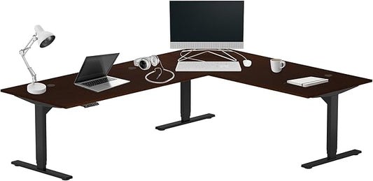Progressive Desk Stand Up Height Adjustable Standing Desk - L Shaped 85" x 72" Corner Computer Rising Workstation Electric Table - Roasted Walnut, Black Frame