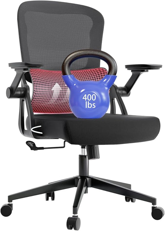 Big and Tall Ergonomic Office Chair，400LB Comfy Desk Chairs with Lumbar Back Support, Heavy Duty Mesh Computer Chairs with Wheels and Arms Comfortable for Home Office, Study, Bedroom