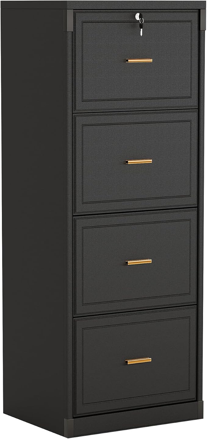 Tribesigns 4-Drawer File Cabinet with Lock, Locked File Cabinet with Key, Tall Wooden Filing Cabinets for Home Office, Vertical Office Storage for Legal Size/Letter/A4/Files, Black
