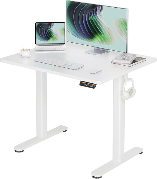 Claiks Electric Height Adjustable Stand Up Desk, 35x20 Inches Sit Stand Desk for Home Office, White Top/White Frame