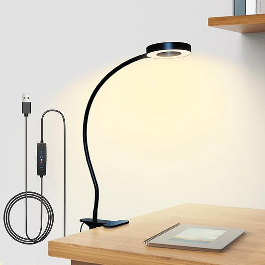 Clip on Desk Lamp with Clamp for Reading Home Office, 360° Ajustable Clip Light for Bed Headboard, Bedside or Desk with 10 Dimmable Brightness 3 Eye-Care Color Modes