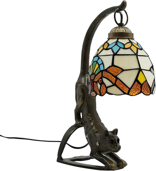 Tiffany Style Table Lamp, Stained Glass Bedside Nightstand Lamps with Cat Base, Vintage Antique Small Desk Light for Bedroom Living Room Home Office Reading Decoration, 5.9x15.74in (Style 1)