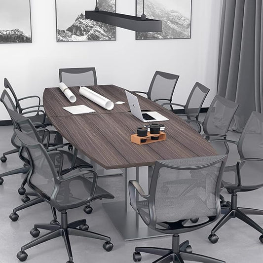 10-Person Boat Shaped Modular Conference Table With Rotating Power Unit | Harmony Series | 10' Meeting Room Table | Scratch-Resistant Laminate | Square Metal Bases & Lakeland Salt