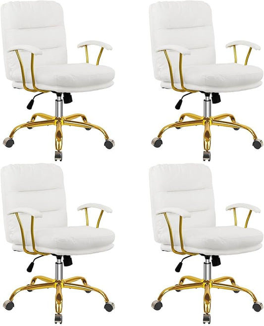 Leather Home Office Desk Chair, Mid-Back Vanity Chair Make Up Chair with Gold Wheels and Armrests, Rolling Swivel Computer Task Chair for Office Bedroom Living Room Girls Women, White, 4 Pack