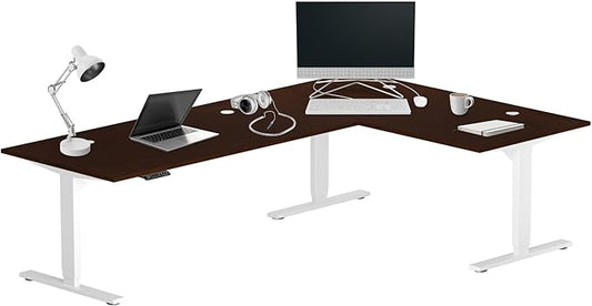 Progressive Desk Stand Up Height Adjustable Standing Desk - L Shaped 83" x 55" Corner Computer Rising Workstation Electric Table - White Frame, Roasted Walnut Top