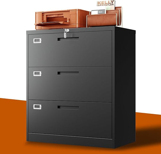 Lateral File Cabinet with Lock,Metal Filing Cabinet with 3 Drawer,Steel Lateral File Cabinet for Legal/Letter A4 Size,Wide File Cabinet for Office Home,Assembly Required