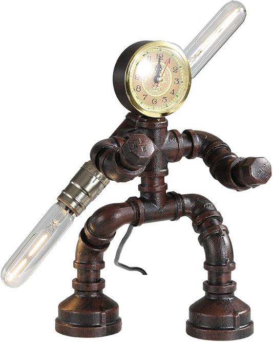 Water Pipe Table Lamp Robot Style- Retro Industrial Table Light- Antique Steampunk Metal Desk Lamp Bedside Lighting Fixture for Office, Reading Kids Room, Cafe Bar (Rust-Style F)