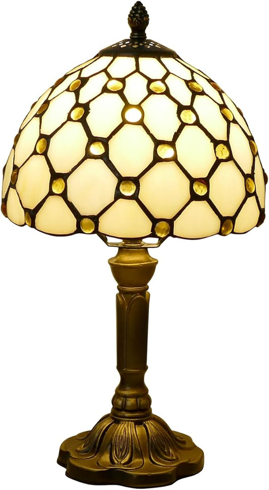 Tiffany Style Table Lamp Beige Beads Vintage Bedside Table Light Desk Lamps Accent Small Lamp 14" Tall 8" Wide Reading Lamp with Color Changing LED Bulb