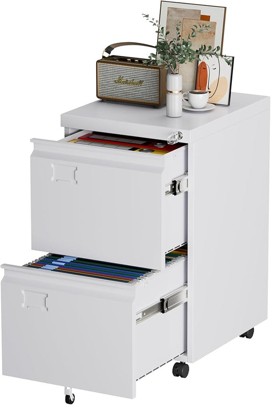 2 Drawers Metal File Cabinet with Lock, Under Desk Mobile Filing Storage Cabinet with Business Card Slot for Letter/Legal/F4/A4 Size Folders,Required Assembly,14.57"W x 17.36"D x 25.79"H,White