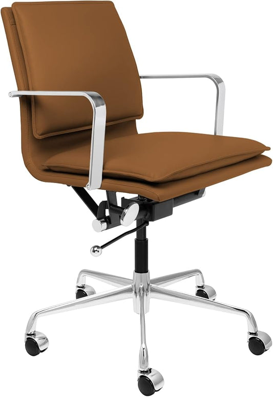 Laura Davidson Furniture Lexi II Padded Office Chair - Mid Back Desk Chair with Arm Rest, Swivel & Cushion Availability, Made of Faux Leather, Brown, Computer Chair