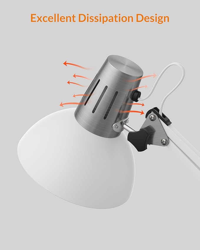 LEPOWER Metal Desk Lamp, Adjustable Goose Neck Architect Table Lamp with On/Off Switch, Swing Arm Desk Lamp with Clamp, Eye-Caring Reading Lamp for Bedroom, Study Room &Office (White)