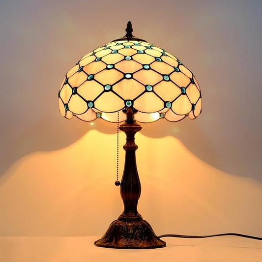 Tiffany Lamp Vintage White Grey Stained Glass Bead Table Lamp Desk Bedside Reading Light Decor Bedroom Living Room Home Office D12*H18 Inches
