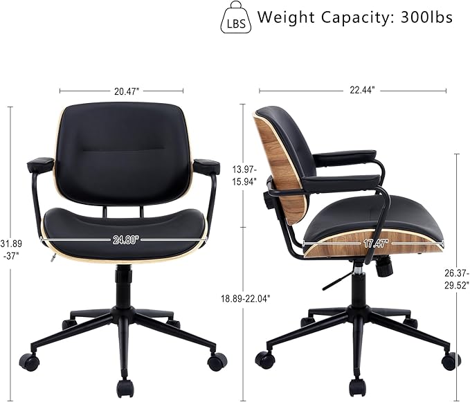 BV Mid Century Modern Office Chair Set of 1, Swivel Rolling Deak Chair with Armrests and Walnut Back, Adjustable Desk Chair for Home Office, Black