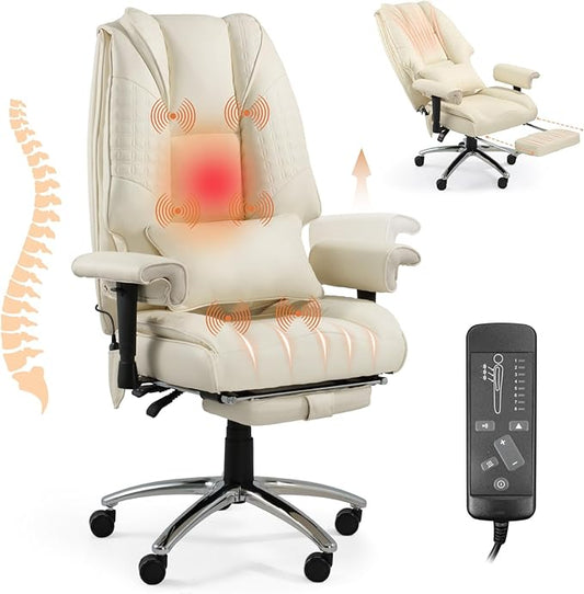Massage & Heated Office Chair with Foot Rest, Ergonomic Executive Office Chair with Reclining Backrest, Adjustable Arms and Lumbar Support, High Back Leather Desk Chairs for Home Office, Beige