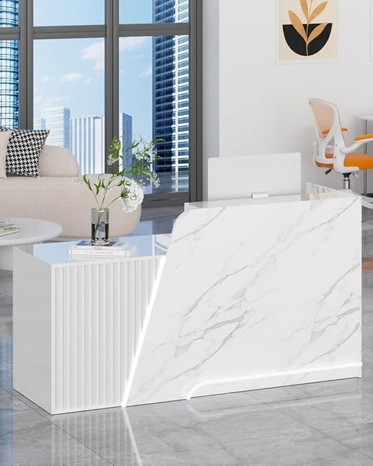 White Reception Desk, Solid Wood Reception Desk with Counter, Check Out Stand with Lockable Drawer & Cabinet, Retail Checkout Counter for Office, Store, Beauty Salon (White Grille-L, 63in)