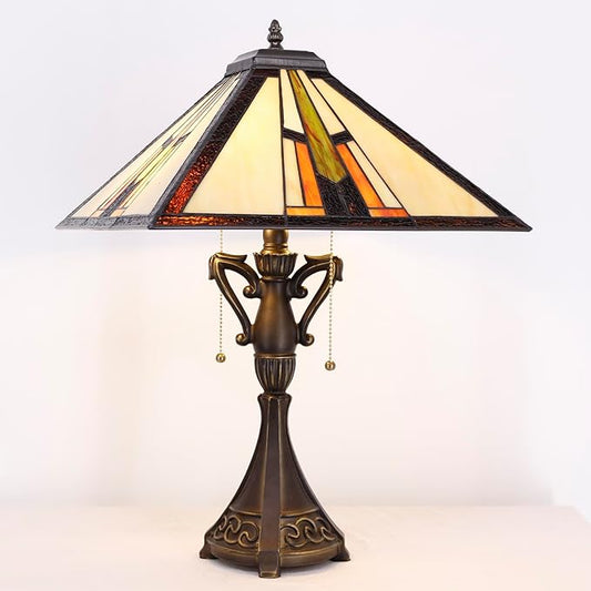 Tiffany Table Lamp Stained Glass Square Multicolour Mission Style Desk Reading Light 16X16X24 Inch for Bedroom Living Room Home Office
