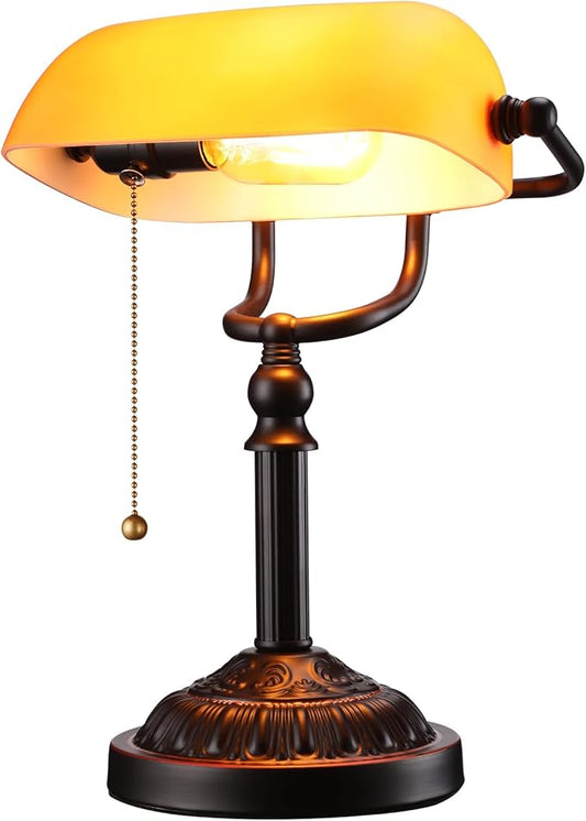 TORCHSTAR Bankers Desk Lamp with Pull Chain Switch, Amber Glass Shade Desk Lamps, Bronze Base, UL Listed, E26 Base, Vintage Library Lamp for Office, Study Room(Matted Orange)