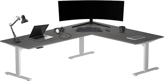 Progressive Desk Stand Up Height Adjustable Standing Desk - L Shaped 85" x 72" Corner Computer Rising Workstation Electric Table - Gray Frame, Gray Oak Top