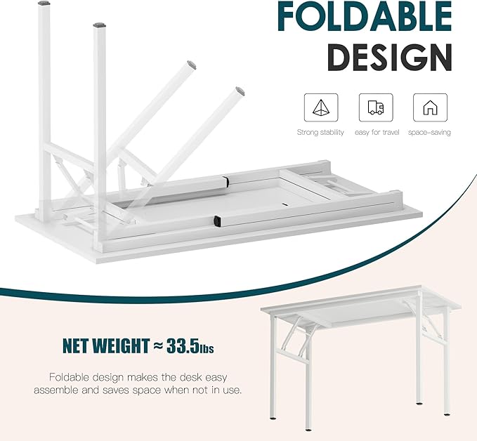 sogesfurniture 47 inch Computer Desk with LED Lights & Power Outlets, Folding Desk with Monitor Shelf, Wide Folding Table Writing Desk Foldable Home Office Desk, White