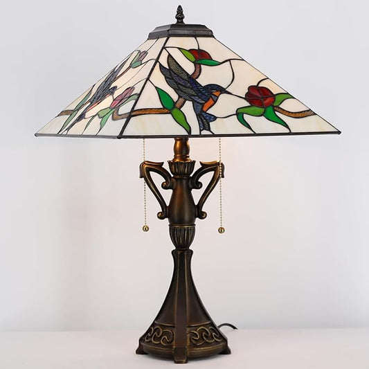 Tiffany Table Lamp Stained Glass Amber Hummingbird Square Geometric Mission Style Desk Reading Light 16X16X24 Inch for Bedroom Living Room Home Office